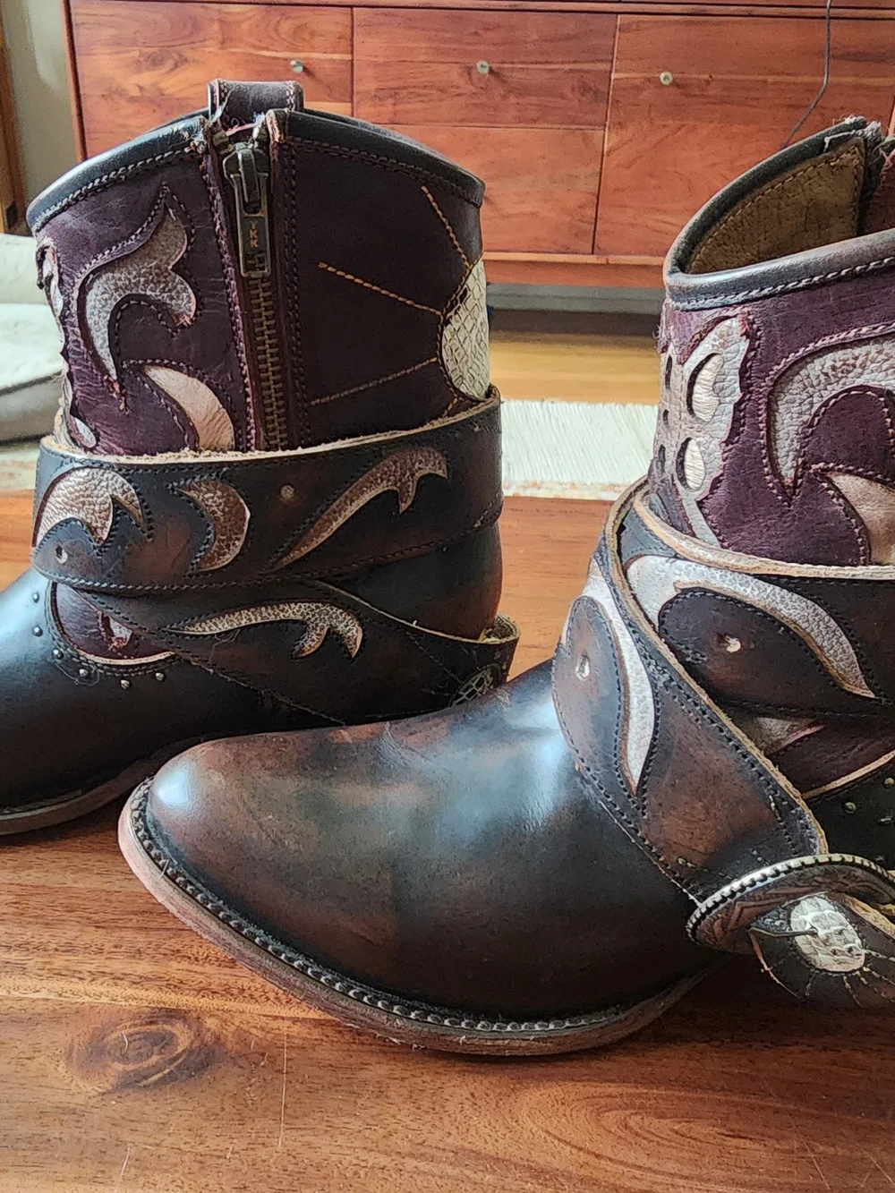 freebird Tash Brown Leather Western Ankle Boots with Distressed Tooled Accents